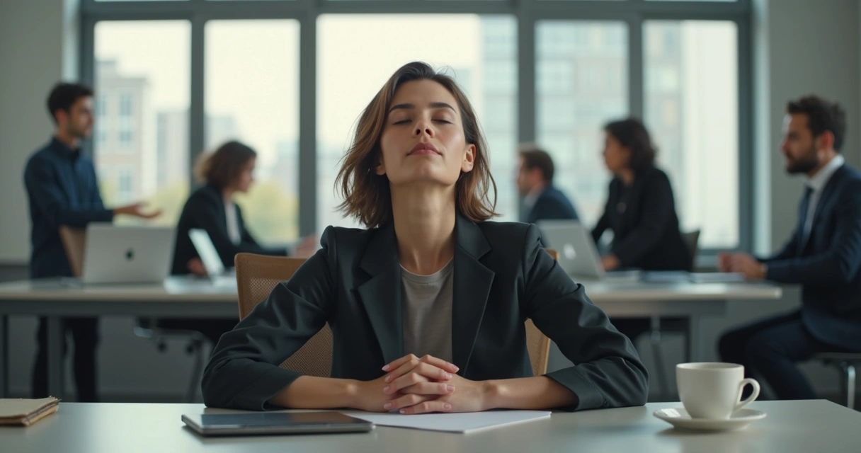 Person pausing with eyes closed in a busy office 