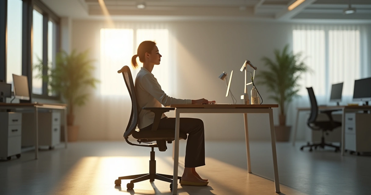 Employee sitting at a desk focusing on touch points with feet flat on the floor.