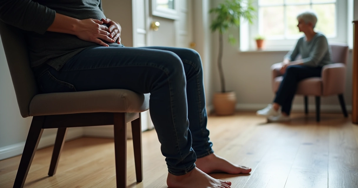 Feet grounded on the floor during a calm breathing pause 