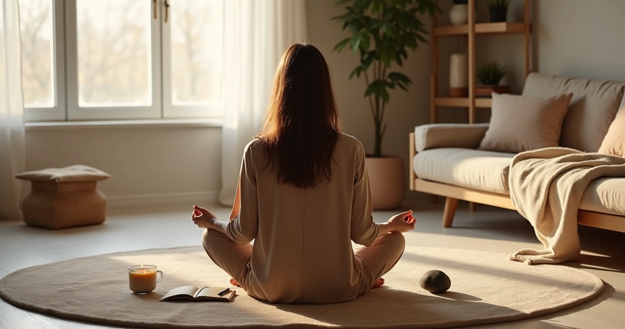 Person meditating on a rug with candles and journal nearby 