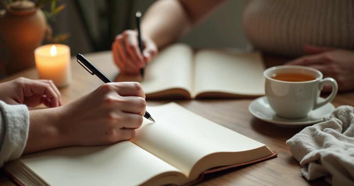 Hands writing in a journal beside a candle and a cup on a quiet table