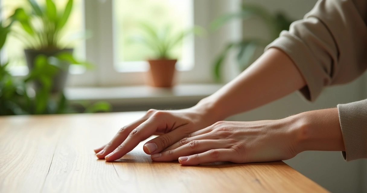 Hands pressing firmly on table surface 