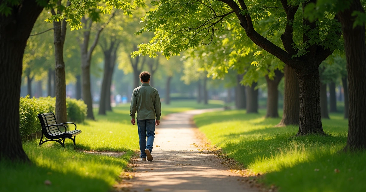Person walking along a leafy path in a city park, observing surroundings