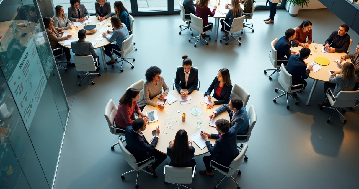 People in an office forming small groups, some connected by subtle visual cues like body language or gestures
