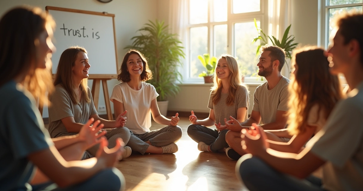 People participating in a group attunement exercise in a bright room 