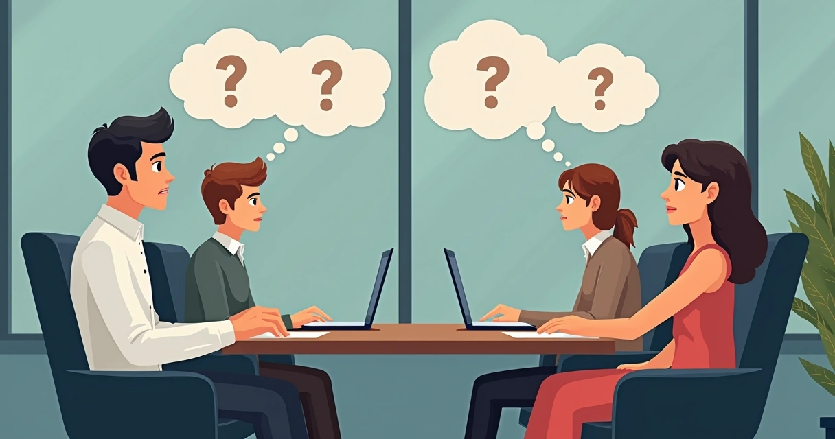 Small group in office exchanging confused glances while thought bubbles show question marks 