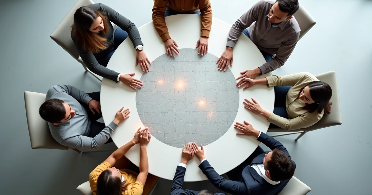 Top view of people around puzzle table showing subtle glowing thought patterns 