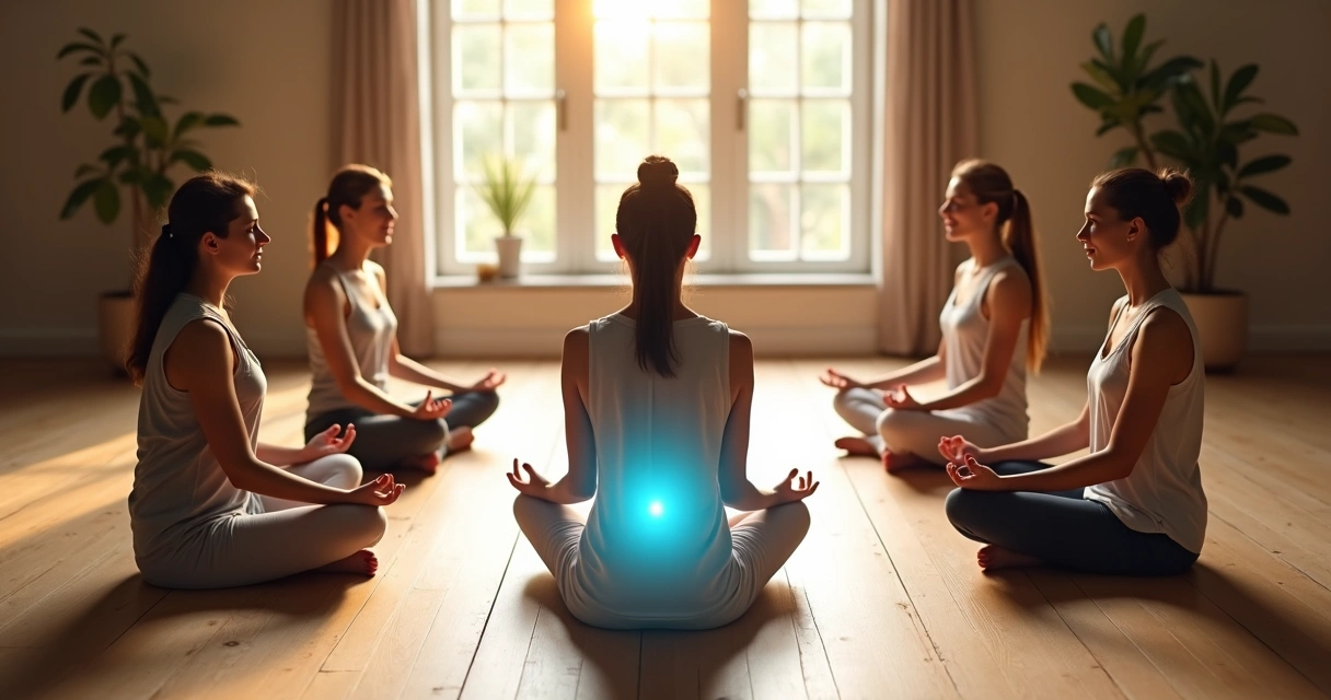 Five people sitting in a circle meditating, with a subtle glow around them. 