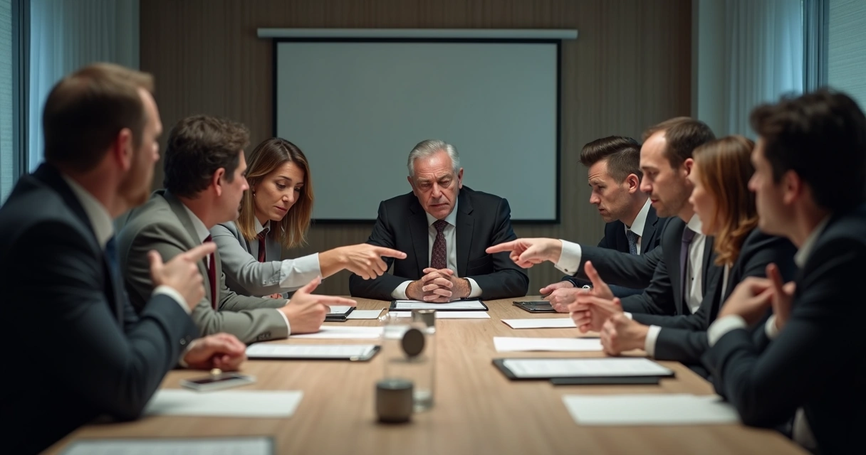 Group of people pointing fingers at one person in a meeting
