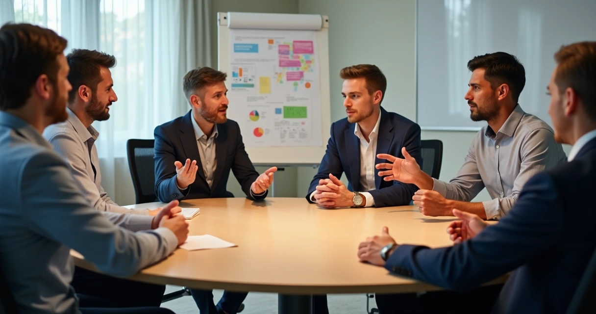 Several people seated around a table, using expressive hand gestures and varied postures during discussion 