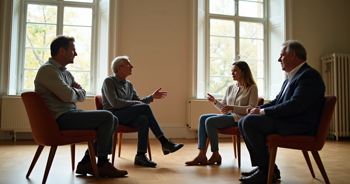 Small group of people sitting in a circle, expressing different opinions but maintaining gentle body language 