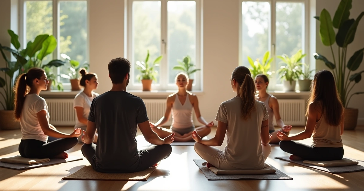 Group of people practicing conscious breathing in a quiet room. 
