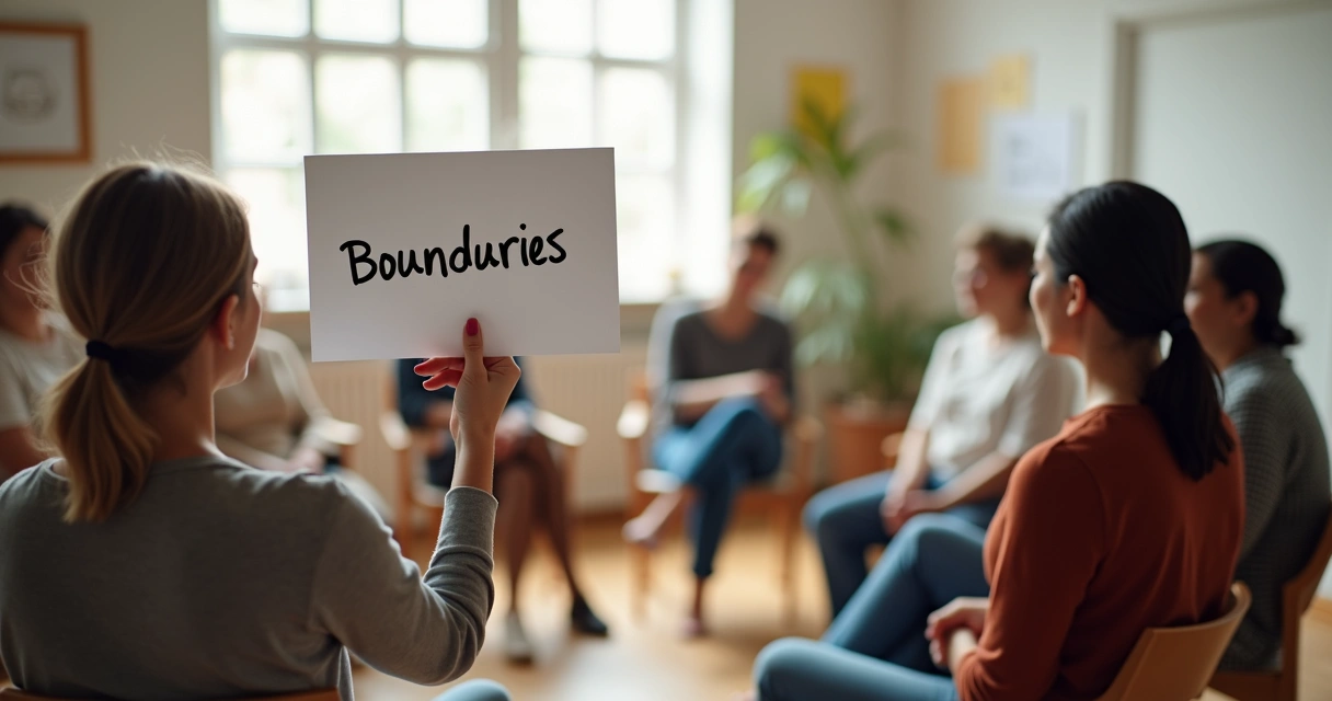 People in a circle discussing boundaries, one holding a sign with the word 'Boundaries'