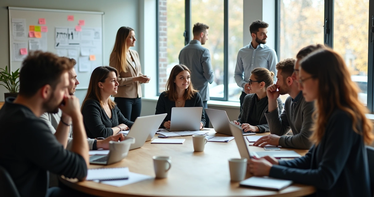 Group taking a break from brainstorming in a bright office 
