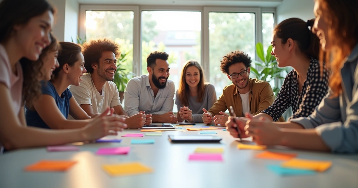 Team of diverse people at a table brainstorming ideas 