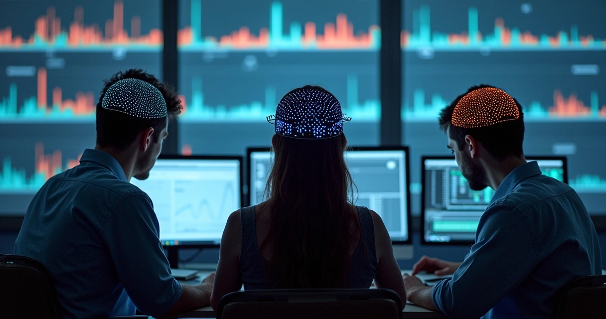 Three people sitting together with EEG caps, brainwaves displayed on screens in the background. 