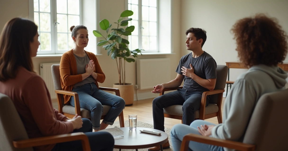 Small group practicing calm breathing in a quiet room 