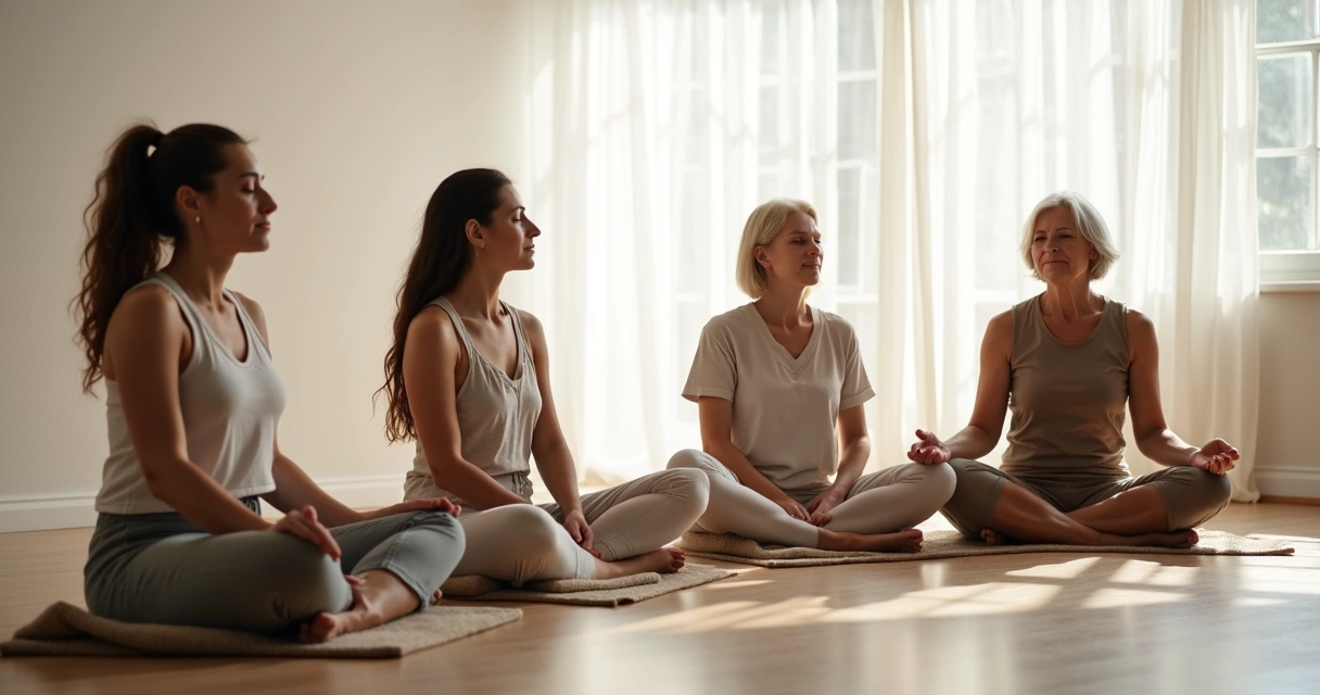 Group of people sitting in a circle, eyes closed, practicing guided breathwork together.