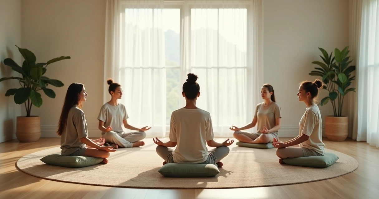 Small group sitting calmly in a quiet circle indoors 