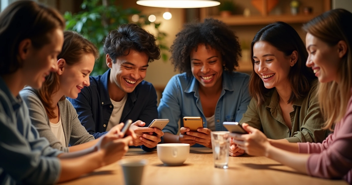 Friends gathered around a table, each on their phone, some smiling, some quiet 