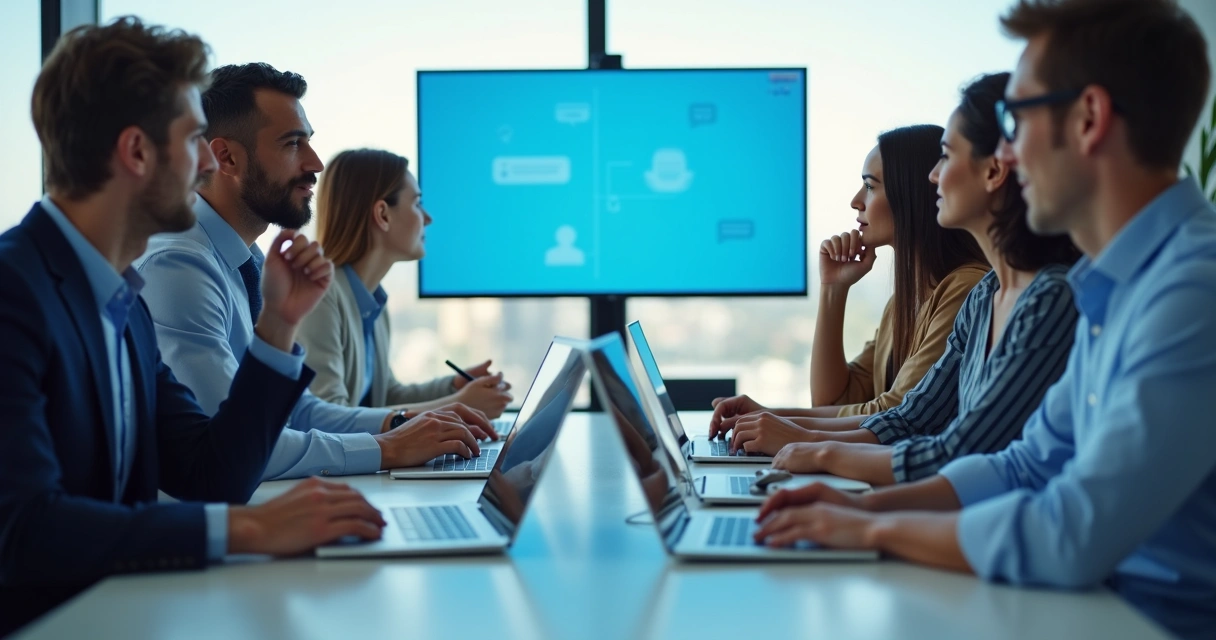 Professional team calmly discussing in group chat 