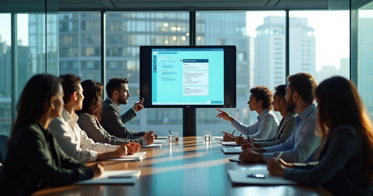 People in a meeting room looking seriously at a projected group chat interface