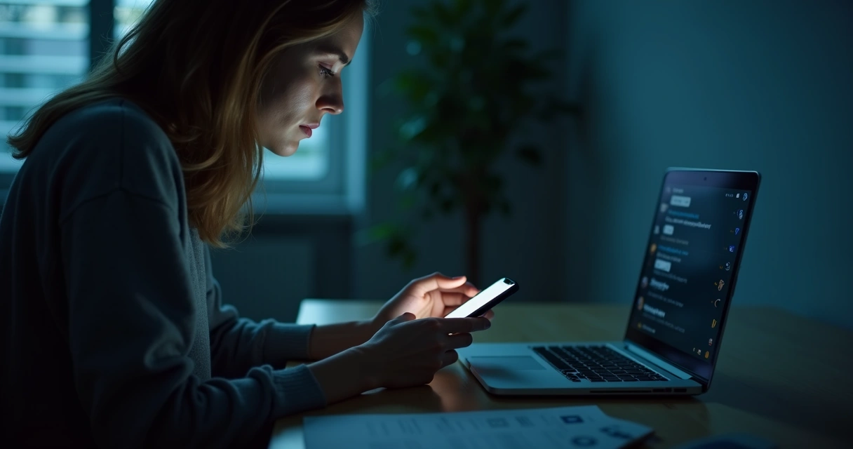 Person looking at silent group chat on a phone in a dim room 