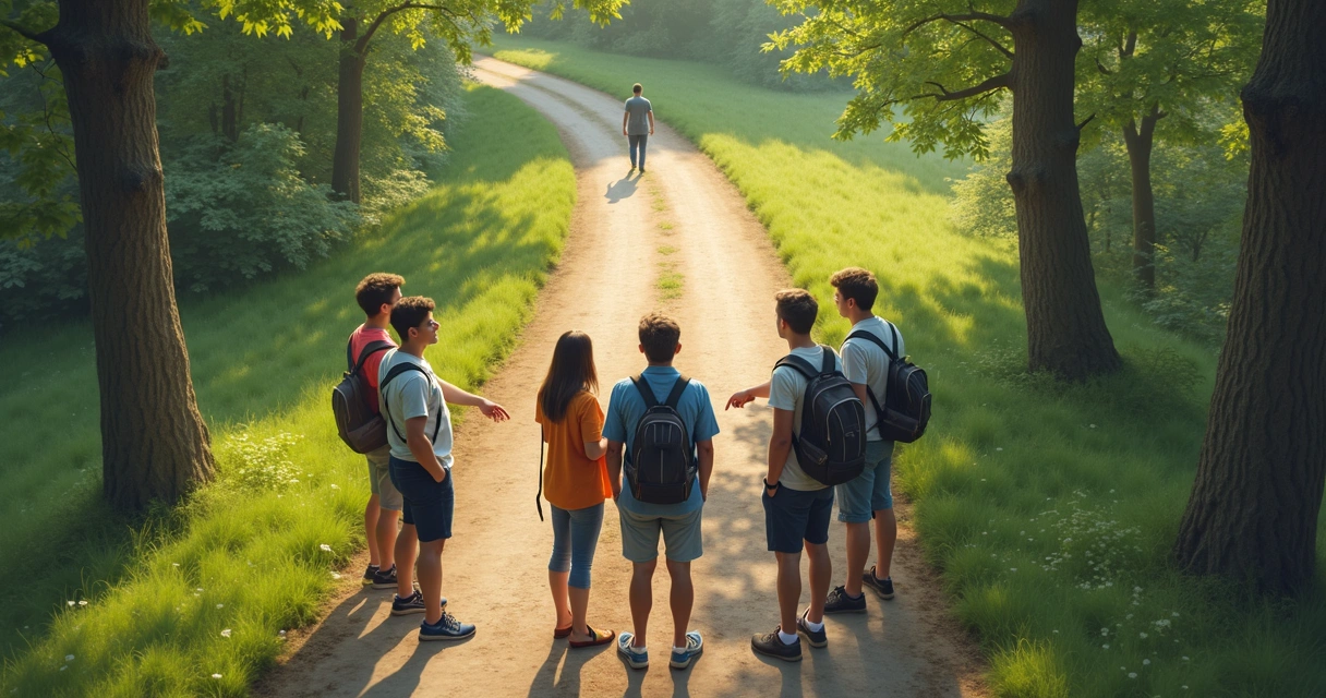People standing at a crossroads discussing different directions