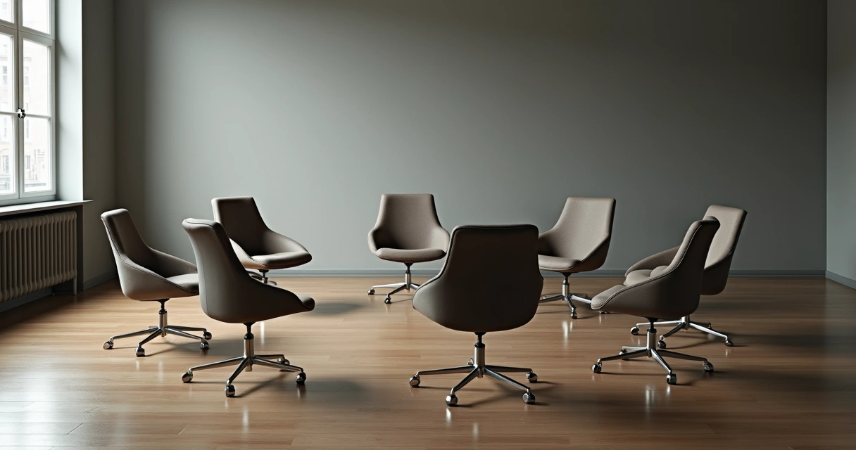 Empty chair outside a close group circle