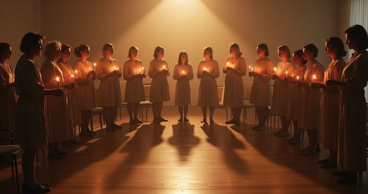 People standing in a circle with candles during a group ritual