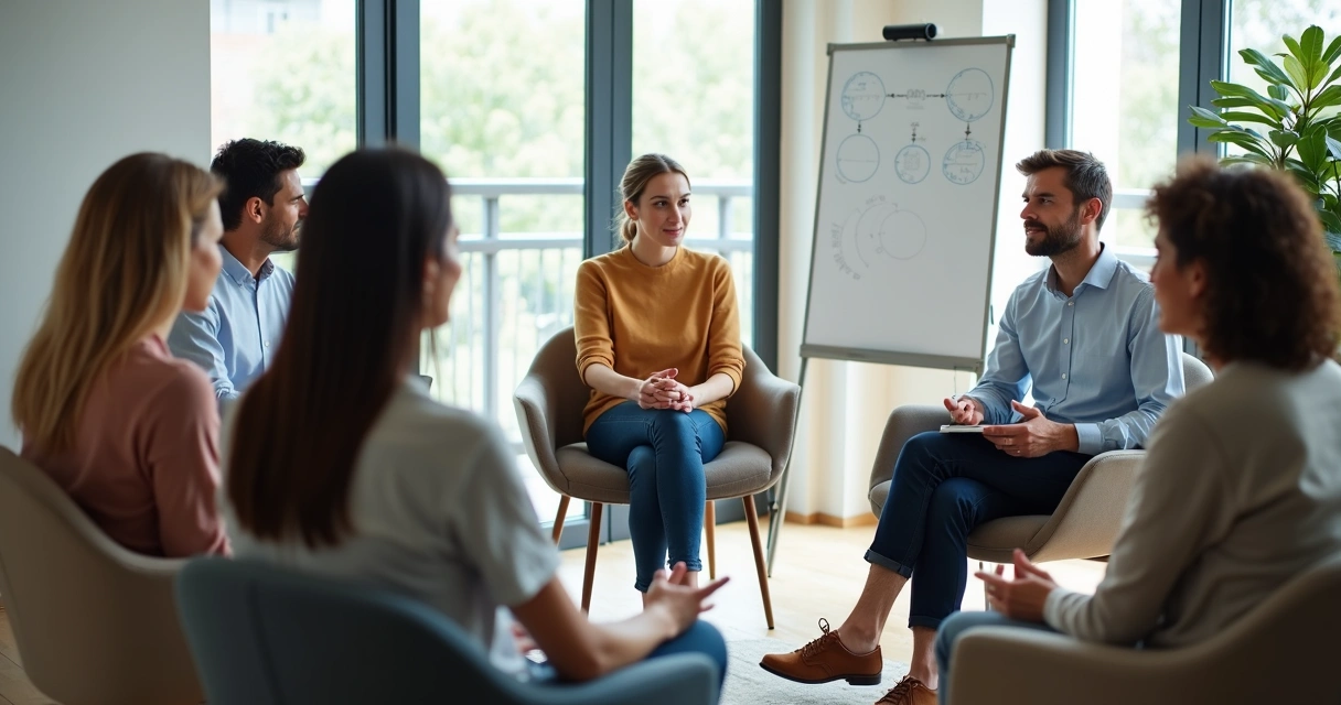Group coaching circle with one quiet participant slightly apart from the group 