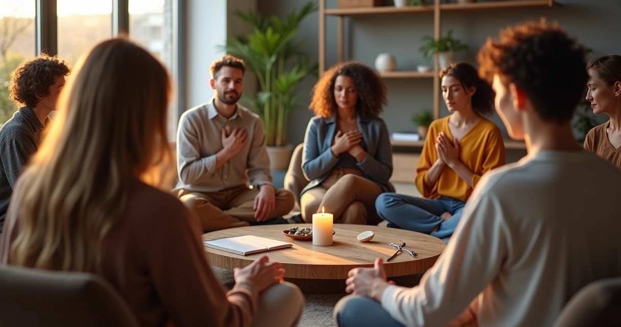 Diverse group sitting in a circle practicing a quiet connection ritual 