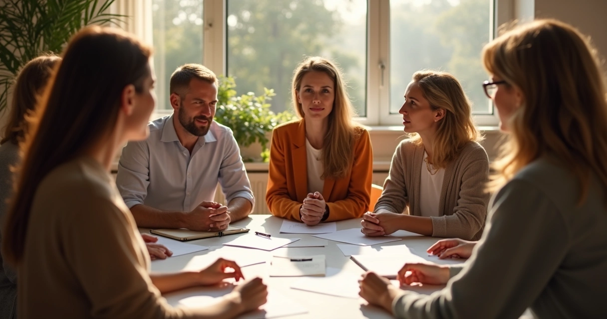 Group of people sitting in a circle during a meeting 