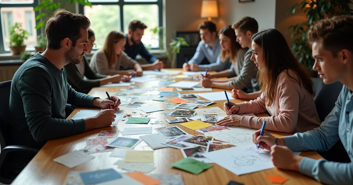 Colleagues making a group collage on a table 