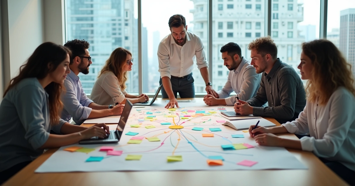 Diverse group around a table connecting ideas in a light-filled meeting room 