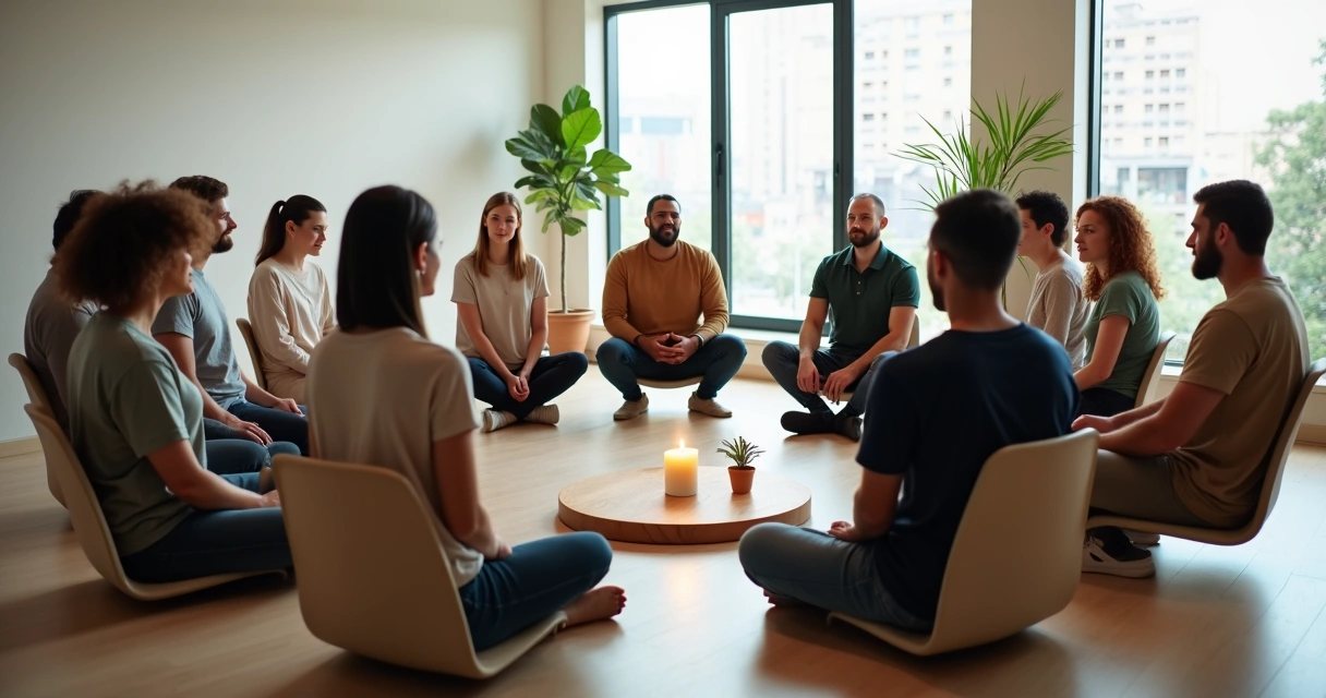 Diverse group sitting in a circle practicing mindful collective presence 