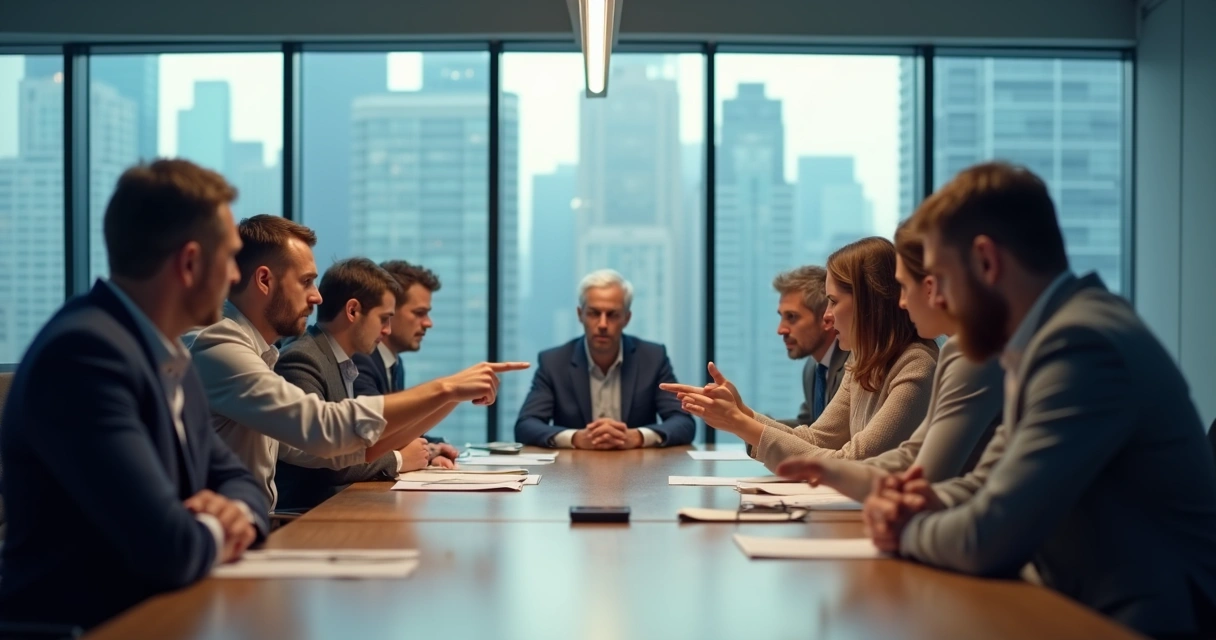 Group of people in a heated discussion at a workplace meeting table 