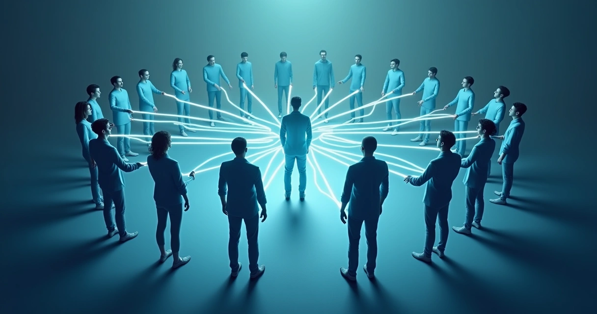 People connected by lines in a geometric pattern 