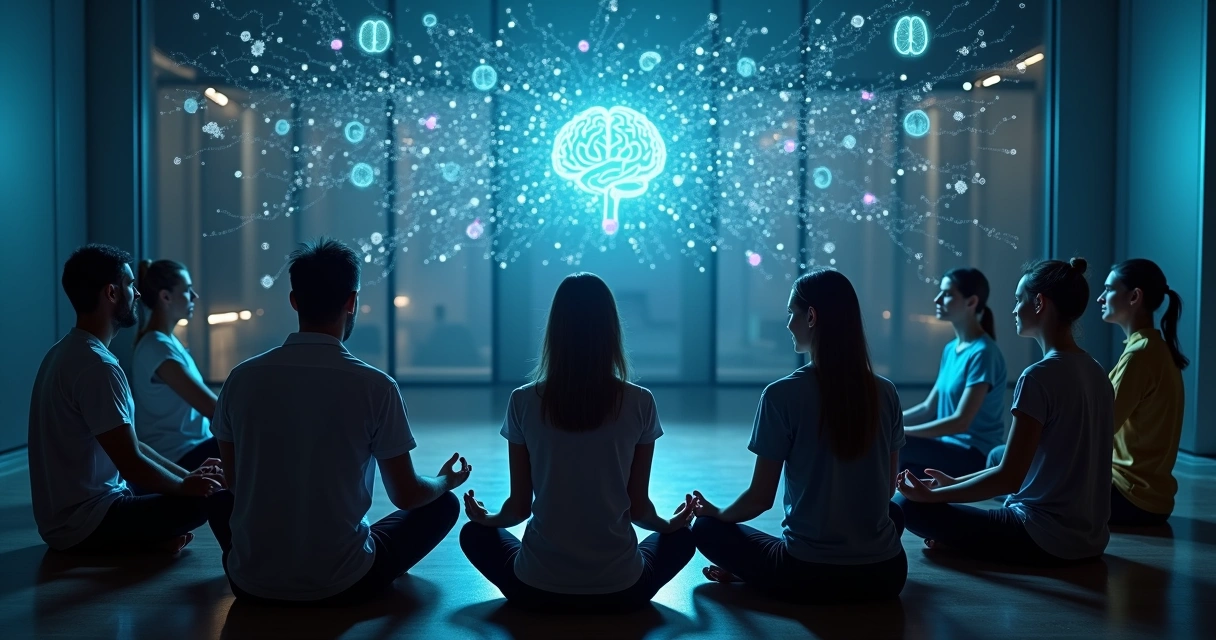 People in a circle connected by a glowing neural energy field 