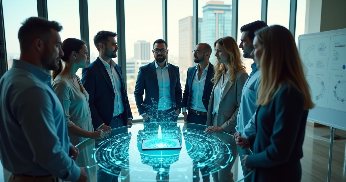 Diverse team in modern office connected by glowing network overlay 