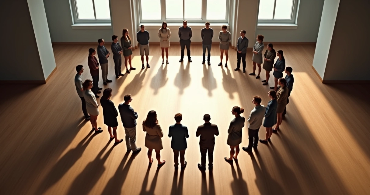 People standing in a circle during a group constellation exercise