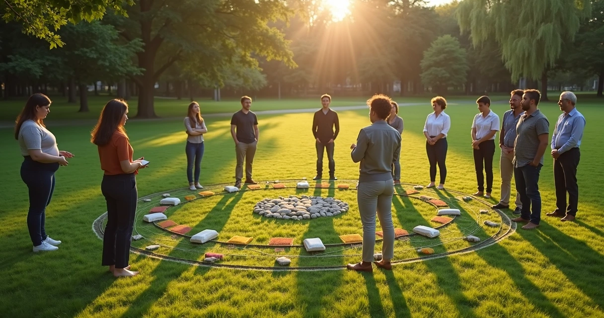 Facilitator guiding diverse group around symbols arranged on grass 