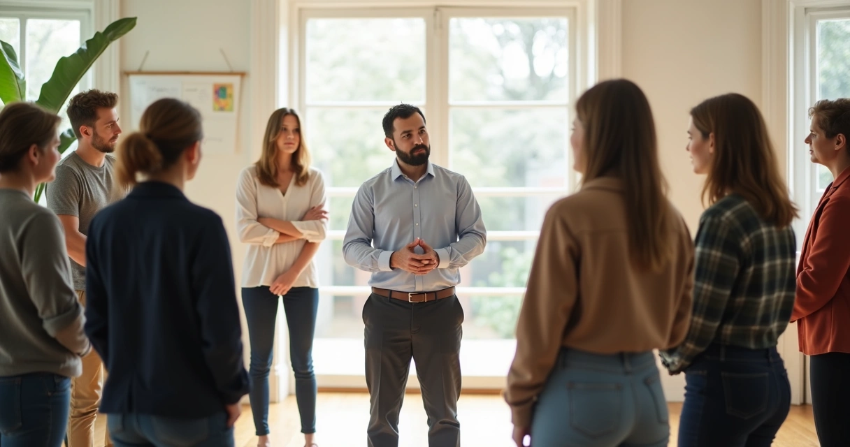 Group standing in a circle during a constellation session 