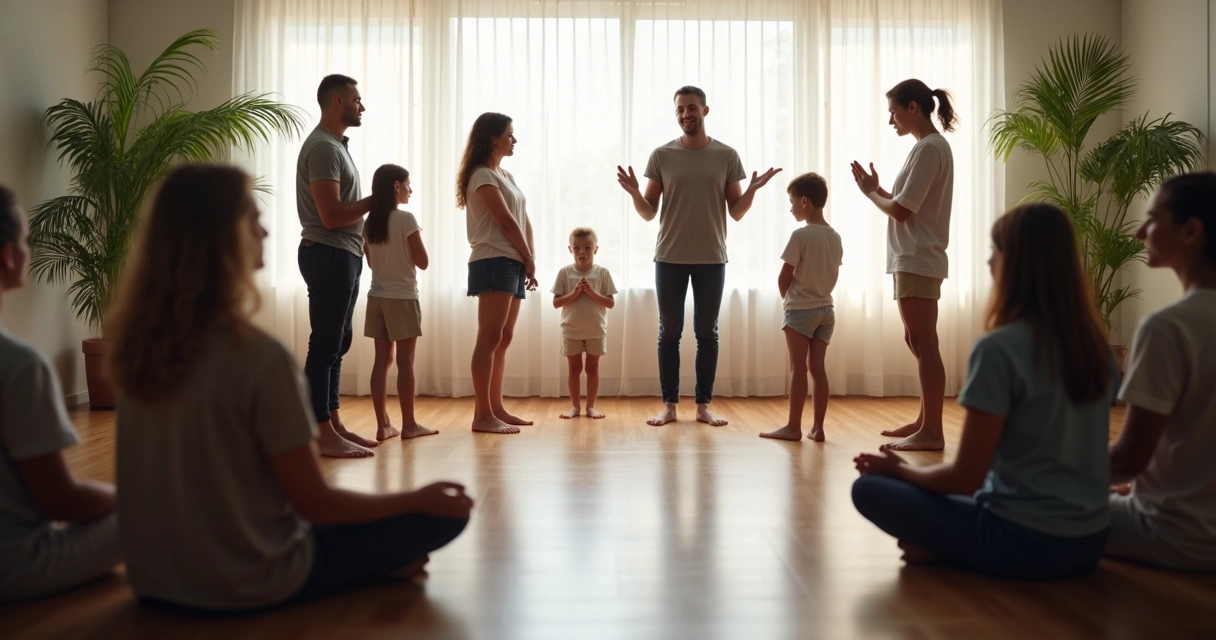 People standing in a therapy room, representing family members in a systemic constellation session