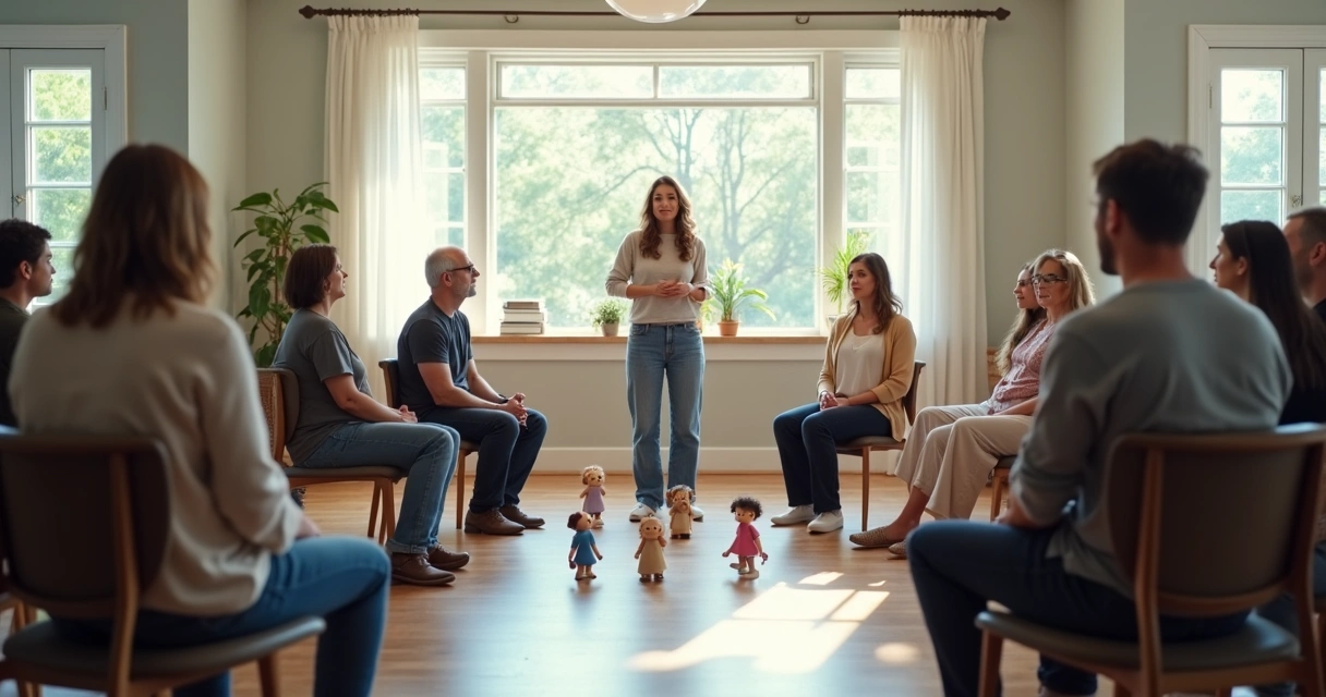 Facilitator and participants in a constellation session, focused and engaging with each other in a circle