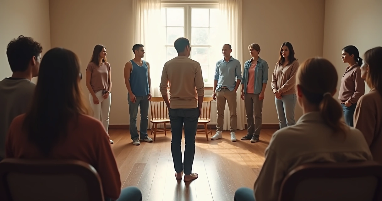 Participants in a circle, some standing, some seated, engaged in a group constellation session with calm, focused expressions 