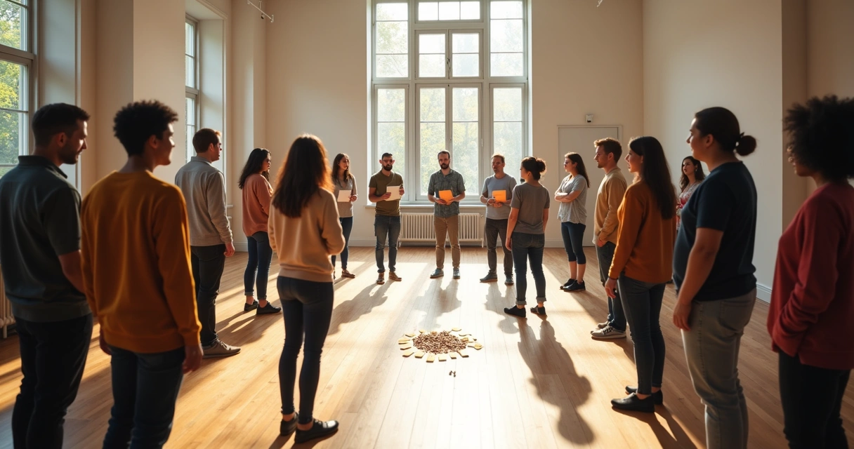 Participants in a group workshop standing in a circle, symbolizing a systemic constellation session 