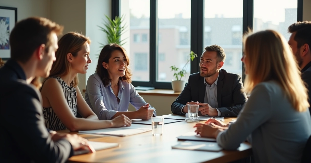 People in a group conversation displaying varied body language signals.