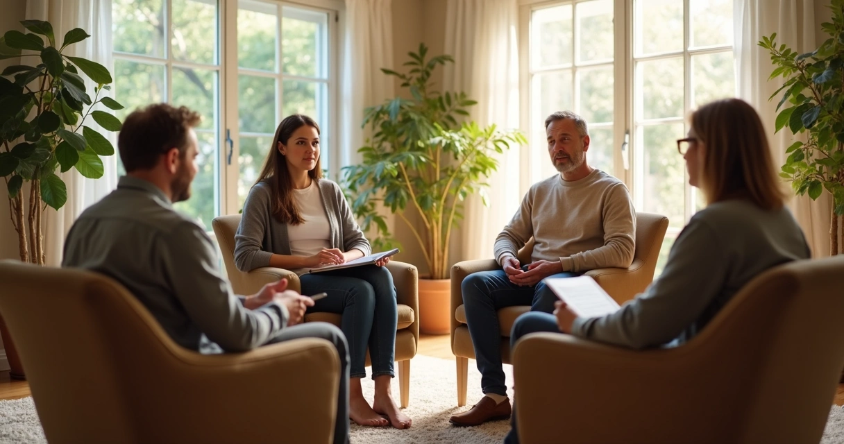 Small group in calm discussion with clear boundaries 