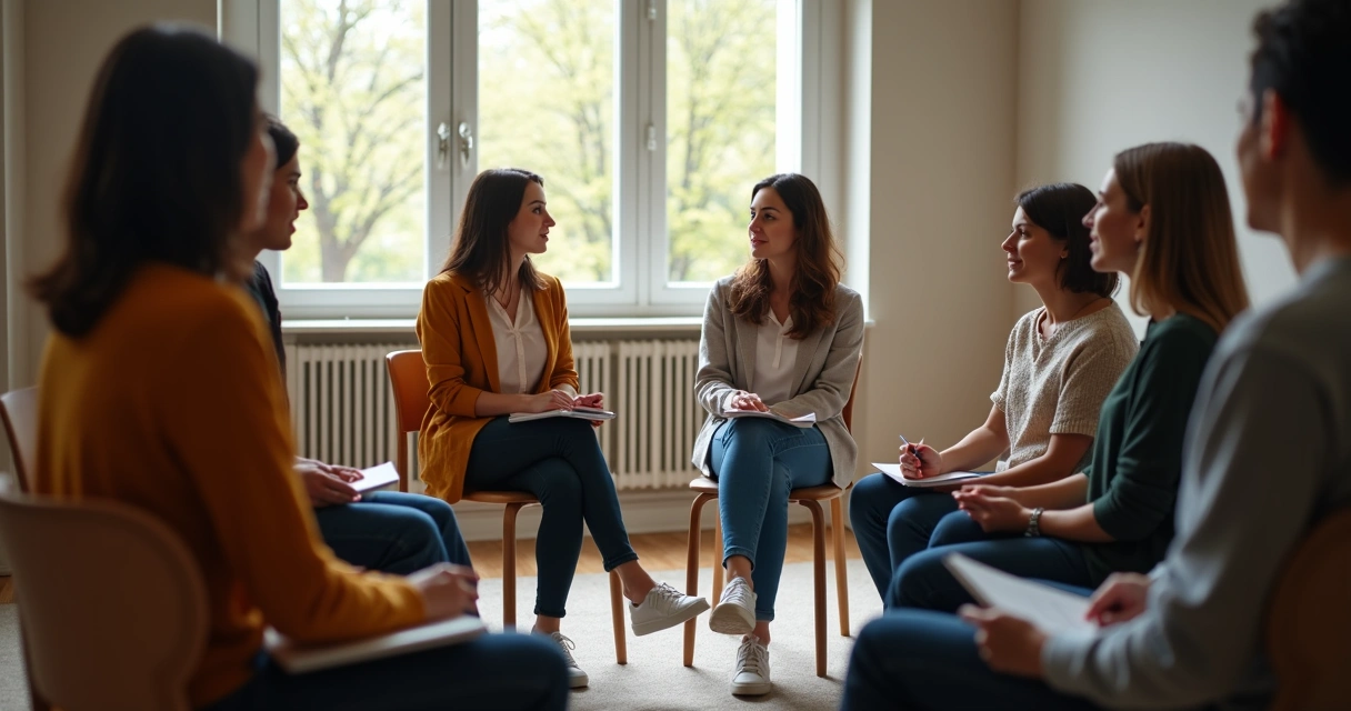 Small group seated in a circle having an open conversation 